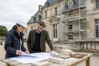 Architecte du patrimoine et propriétaire examinant des plans devant un monument historique français en cours de restauration.