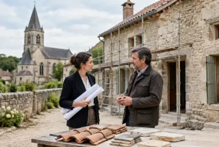 Un architecte et un représentant du patrimoine examinent un projet de rénovation devant une maison ancienne, avec un monument historique en arrière-plan.