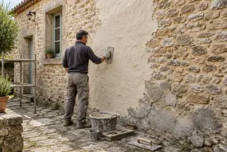 Artisan appliquant un enduit à la chaux sur le mur en pierre d’une ancienne maison, avec des joints et une ancienne couche de ciment visibles.