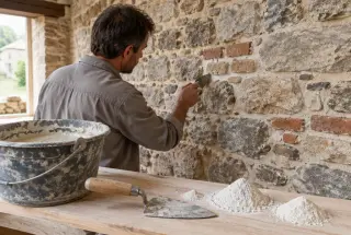 Artisan appliquant un mortier de chaux sur les joints d’un ancien mur en pierre et brique