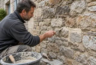 Artisan appliquant un mortier à la chaux entre les pierres irrégulières d’un ancien mur avec une petite truelle.
