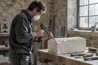 Tailleur de pierre façonnant un bloc de calcaire avec un ciseau et une massette dans un atelier de restauration.