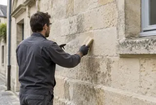 Artisan nettoyant délicatement une façade ancienne en pierre avec une brosse souple